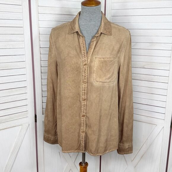 Velvet Heart Oil Rubbed Look Button Up Shirt Tan Small Western Grunge Rayon - Picture 1 of 11